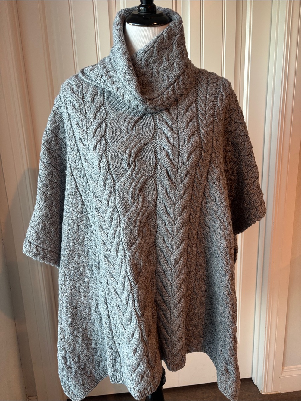 ⁠Aran Sweater Market 100% Merino Wool Cable Knit Cowl Neck Poncho Gray OS